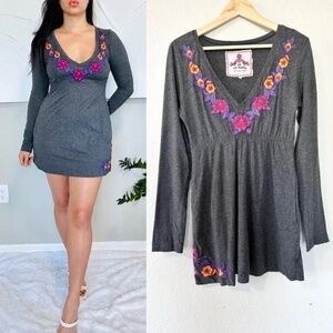 Johnny Was Embroidered flower Grey Long Sleeve Dress
